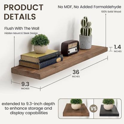 Marsmiles Floating Shelves | 36 Inch Dark Wood Wall Shelves Set of 2 | 9.3 Inch Deep Rustic Reclaimed Wood Shelves for Room Wall | Farmhouse Floating Shelves for Living Room Bathroom