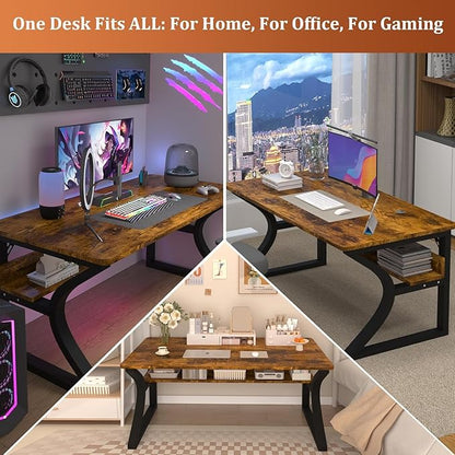 Computer Desk, 55'' Home Office Desks Computer Desk w/Storage Shelf, Study Writing Desk w/U Shaped Metal, Cable Management, Work Table w/Water-Resistant Deeper Thicker Desktop for Home Office