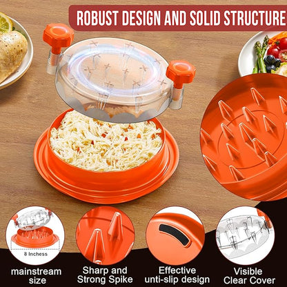 SoulLife Chicken Shredder Tool Twist 8 Inches, BPA free, Dishwasher safe, Meat Shredder, with Clear Lid, Ergonomic Handle, Strong Anti-slip, Easy To Clean, Suitable for Pork Beef Chicken (Orange)