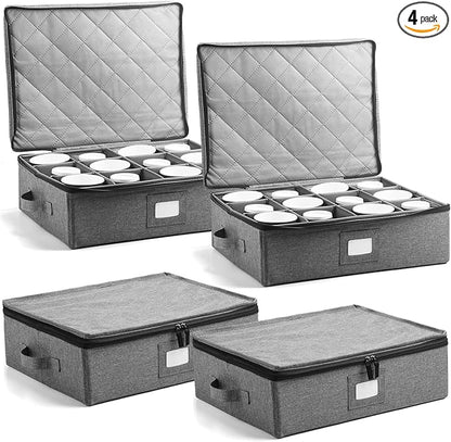 Uiifan 4 Pcs Cup and Mug Storage Box Stemware Storage Cases Containers Holds 12 Coffee Mug and Tea Cup with Lid Handle Wine Glass Box with Insert Cards for Label(Gray)