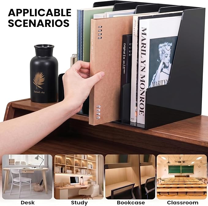 LALOBLUE 4 Pack Black Vertical Magazine File Holder Desk Organizer Bins | Plastic, Holds Magazines, Binders, Notebooks, Envelopes, 4 Pack Black Vertical Magazine File Holder Desk Organizer Bins