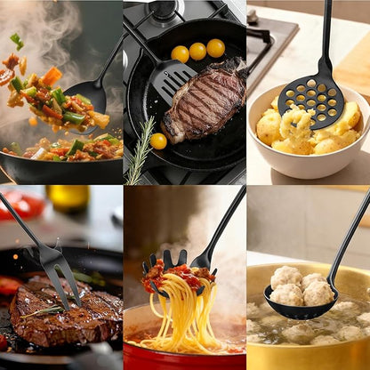 18/10 Stainless Steel Kitchen Utensils Set with Wood Handle Metal Cooking Utensils Set 10 Piece - Spatula, Spoon, Ladle, Skimmer, Slotted Turners, Pasta,Turner, Ladl, Fork