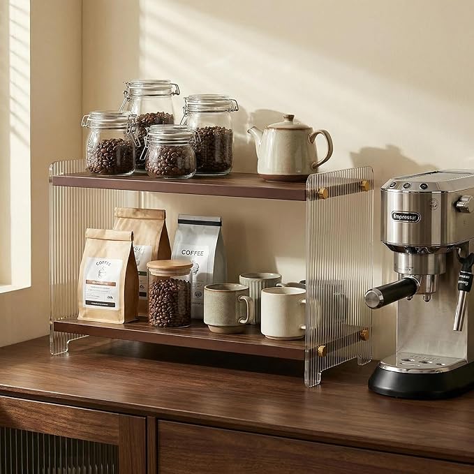 Coffee Station Organizer 2 Tier, Solid Wood Mug Shelffor Coffee Bar,Matcha Station,Tea Storage - Holds Mugs,Beans,Syrup,Cups,Tirrers (Dark Brown Wood Grain, 15.4" L x 5.7" W x 8.2" H)