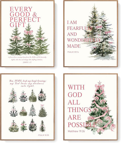 LARTSFRO Coquette Pink Bow Christmas Tree Gifts Wall Art Decor Posters, Pink Bow Christmas Christian Room Bathroom Bedroom Dorm Wall Art Decor Aesthetic for College Teen Girls Gifts, Inspirational Bible Verses Bow Wall Decor, 10x8 Inch Set of 4 Pcs Chr...