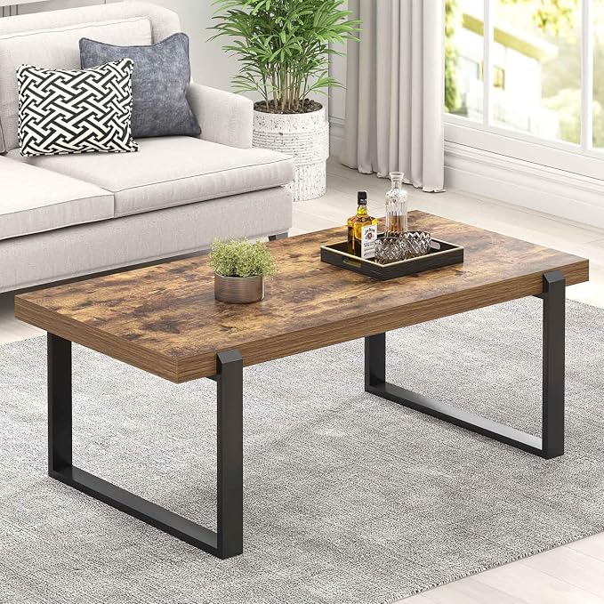 FOLUBAN Coffee Table, Modern Rustic Wood and Metal Center Table, Industrial Rectangle Cocktail Tea Table for Living Room, Brown, 47 Inch