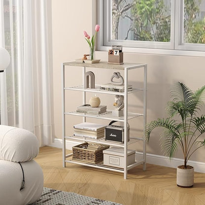 HOMEFORT 5-Tier Shoe Rack, Storage Shelf, Industrial Tower, Narrow Organizer for Closet Entryway, Small Table With Durable Metal Shelves, White Oak
