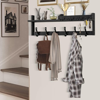 Coat Rack Wall Mount with Shelf, 27.5" Entryway Wall Hanging Shelf, Coat and Key Hanger with 10 Dual Hooks, Mail Organizer and Key Holder Hat Rack for Wall, Wood Coat Hooks with Storage