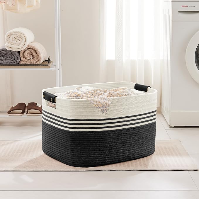 SunNewt 86L Extra Large Laundry Basket with Leather Handles for Living Room Storage, Woven Rope Baskets for Blanket, Kids Toy, Gifts, Wicker Hamper for Bedroom Dirty Clothes, 24"x16"x14" White Black