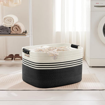 SunNewt 86L Extra Large Laundry Basket with Leather Handles for Living Room Storage, Woven Rope Baskets for Blanket, Kids Toy, Gifts, Wicker Hamper for Bedroom Dirty Clothes, 24"x16"x14" White Black