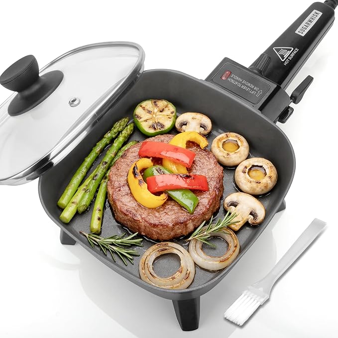 Small Electric Skillet with Lid, Personal 7-inch Ceramic Coated Electric Skillet Griddle, Square Frying Pan with Temperature Control, Portable Cooking Appliances, Graphite