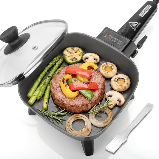 Small Electric Skillet with Lid, Personal 7-inch Ceramic Coated Electric Skillet Griddle, Square Frying Pan with Temperature Control, Portable Cooking Appliances, Graphite