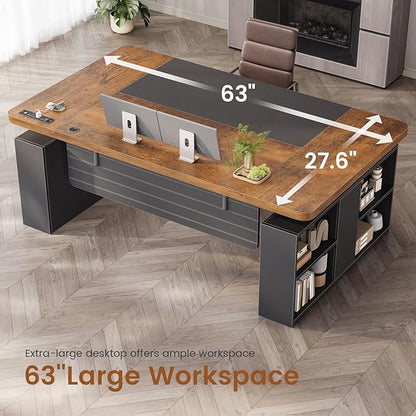 SEDETA 63" Executive Standing Desk with Storage, Executive Height Adjustable Desk with Power Outlets, Large Computer Office Desk with Privacy Panel for Home Office, Rustic Brown