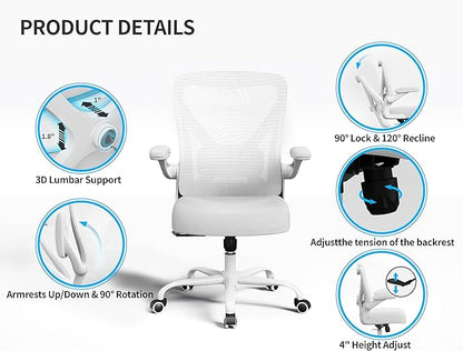 White Office Chair for Big and Tall People - 400lbs Wide Seat Computer Desk Chair Gaming Ergonomic High Back Cushion Lumbar Support with Comfy Mesh Swivel Rolling Home Task Chair