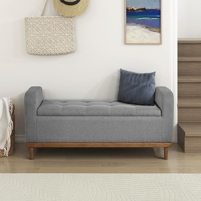 Lexicon Armed Fabric Storage Bench, Button-Tufted Storage Ottoman Bench, Lift-top Bench with Solid Wood Frame and Legs for Hallway, Bedroom End of Bed, Entryway, Living Room, Grey