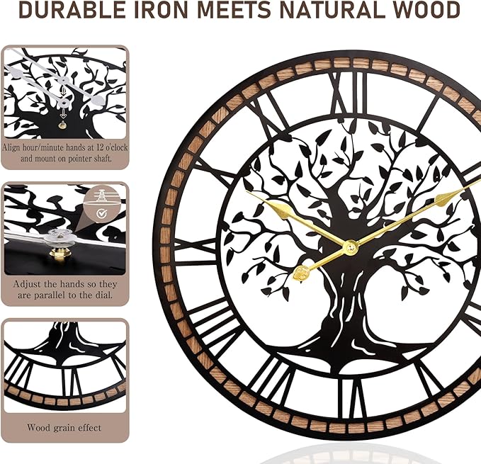 Axioglo Wall Clock,24" Large Wall Clock for Living Room Decor,Tree of Life and Wooden Frame Design,Non-Ticking Battery Operated,for Dining Room,Bedroom,Kitchen,Office Arabic Decoration