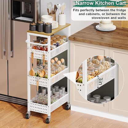 Utility Slim Storage Cart, 4-Tier Narrow Bathroom Organizers and Storage Cart, Narrow Metal Kitchen Laundry Room Organization Shelf with Wood Top, Slim Rolling Carts with Wheels for Small Space