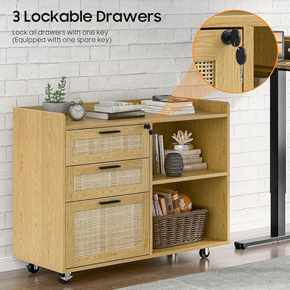 Rattan File Cabinets, 3 Drawer Lateral Filing Organization Storage Cabinets with Lock, Rolling Printer Stand Home Office Organizer for Hanging Files Letter/Legal/A4 Size, Oak