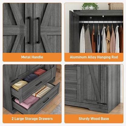 St.Mandyu Farmhouse Wardrobe Armoire Closet with 3 Doors and 2 Drawers, 70.1" Wooden Clothing Storage Cabinet, Freestanding Large Capacity Storage Wardrobe Armoire with Hanging Rod for Bedroom, Grey