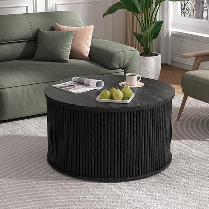 SULIVES Round Coffee Table with Lifting Top, Multifunctional Drum Coffee Table with Sliding Door, Small Fluted Center Table for Living Room, Black