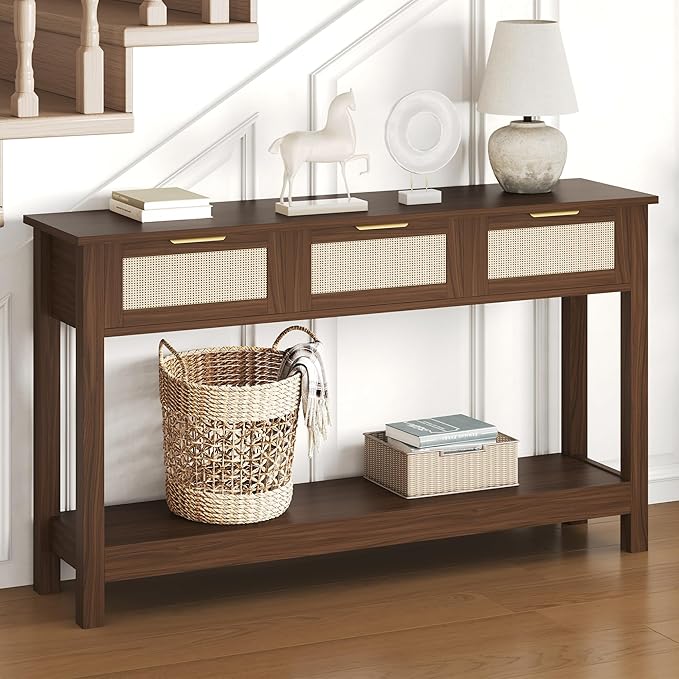 Luoxiao Console Table for Entryway with 3 Rattan Drawers Boho Entry Table with Storage Open Shelf, Narrow Long Sofa Tables for Living Room, Hallway, Foyer, Couch, Front Door, Walnut, 47 Inch