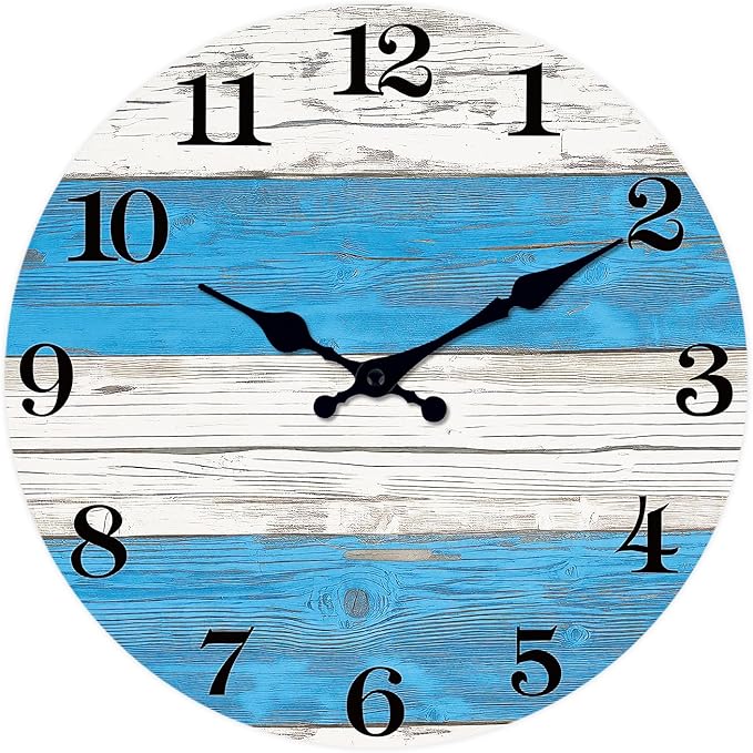XNM Small Wood Wall Clocks Battery Operated 12 Inch Blue and White Nautical Wall Clock for Bedroom Silent Wall Clock (No Solid Wood, It is with MDF Material)