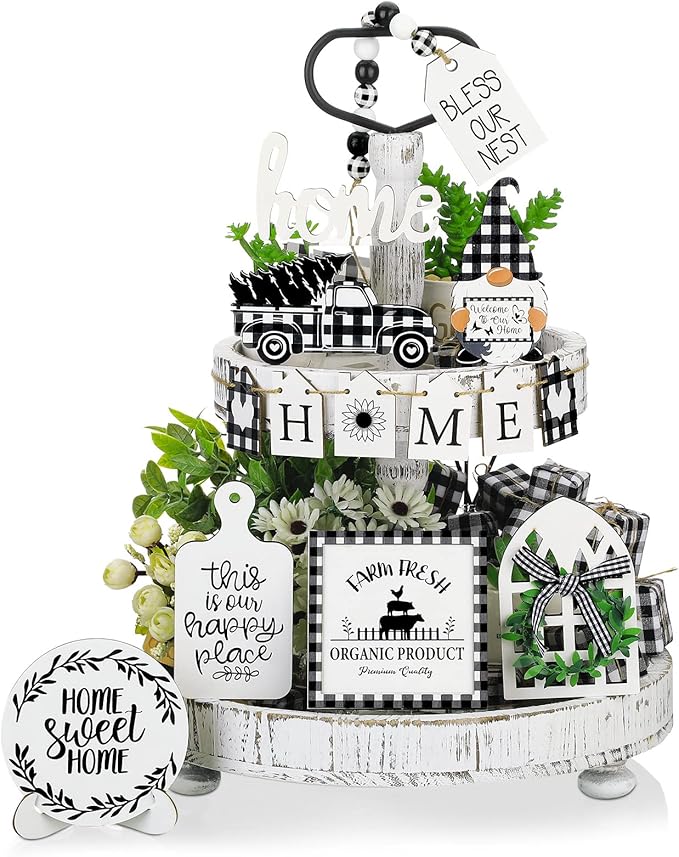 11 Pcs Home Tiered Tray Decor Buffalo Plaid Black and White Rustic Farmhouse Tiered Tray Decorations Set Home Wooden Signs Vintage Animal Tabletop Wood Signs for Kitchen Table Shelf Decor