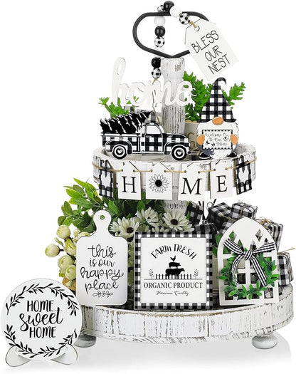 11 Pcs Home Tiered Tray Decor Buffalo Plaid Black and White Rustic Farmhouse Tiered Tray Decorations Set Home Wooden Signs Vintage Animal Tabletop Wood Signs for Kitchen Table Shelf Decor