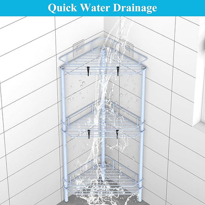 3 Tier Floor Standing Corner Shower Caddy Organizer Shelf with Hooks, Bathroom Shelves Stand Rack, Blue