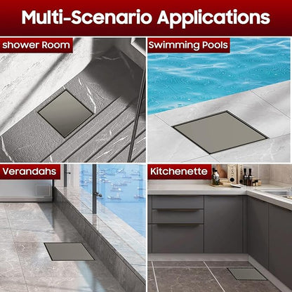 DLONE Square Shower Drain | 6 Inch Gun Gray AISI 304 Stainless Steel Shower Drain with Tile Insert Panel, Shower Floor Drain in Bathroom, Balcony etc