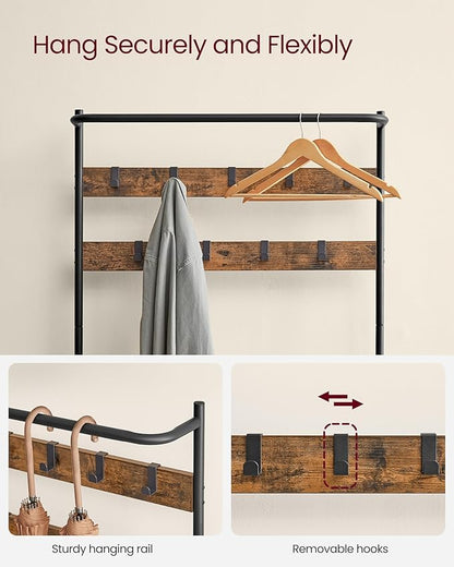 VASAGLE Hall Tree with Bench and Shoe Storage, Entryway Bench with Coat Rack Stand and Shoe Rack, 9 Movable Hooks, Top Bar, Fabric Shelves, Industrial, Rustic Brown and Black UHSR421B01