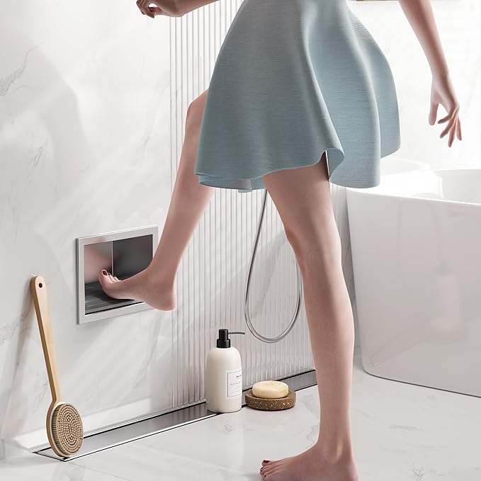 Qeke Shower Foot Rest for Shaving Legs, 304 Stainless Steel Footrest Niche with Shaving Holder, Recessed Shower Niche for Shaving Legs, Brushed Nickel