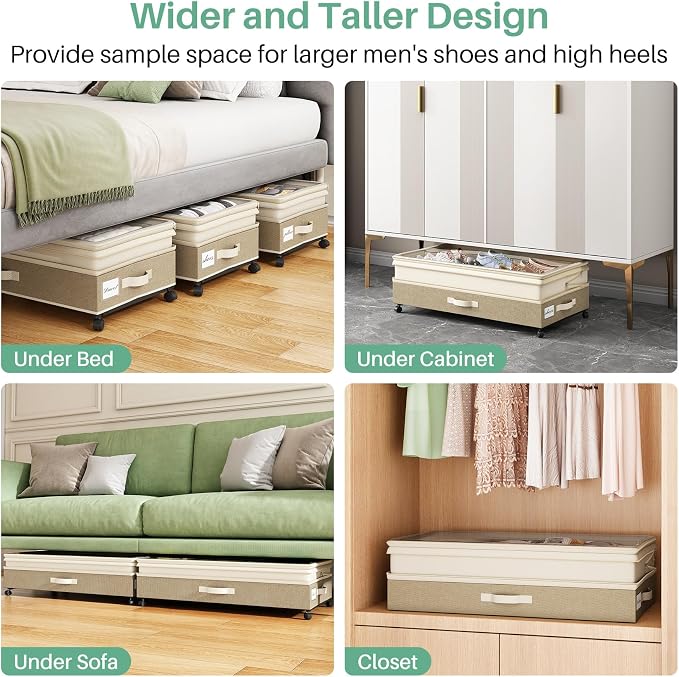Kitstorack 2Pack Height-adjustable Under Bed Storage with Wheels, Under Bed Storage Containers,Under Bed Shoe Storage Organizer with Clear Window&Label, Suitable for Clothes Storage, Beige & Linen