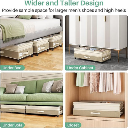 Kitstorack 2Pack Height-adjustable Under Bed Storage with Wheels, Under Bed Storage Containers,Under Bed Shoe Storage Organizer with Clear Window&Label, Suitable for Clothes Storage, Beige & Linen