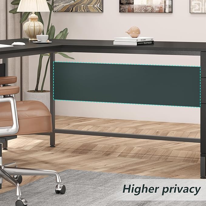 TVU 59’‘ L Shaped Desk with 6 Wood Drawers, Large Home Office Corner Computer Desk with Storage File Cabinet, Modern Metal Wood Desk for Executive Writing Study Workstation, Black