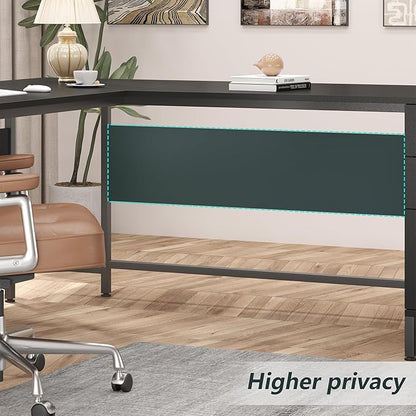 TVU 59’‘ L Shaped Desk with 6 Wood Drawers, Large Home Office Corner Computer Desk with Storage File Cabinet, Modern Metal Wood Desk for Executive Writing Study Workstation, Black