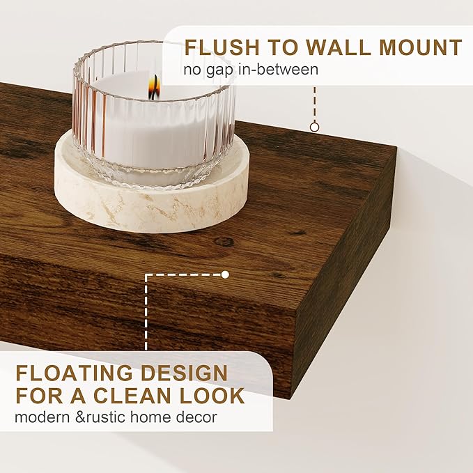 Fun Memories 72Inch Floating Shelves,Wall Mounted Rustic Wood Floating Shelf with Invisible Brackets for Storage & Decor,2 Pack Shelves for Bathroom,Bedroom and Kitchen,Brown