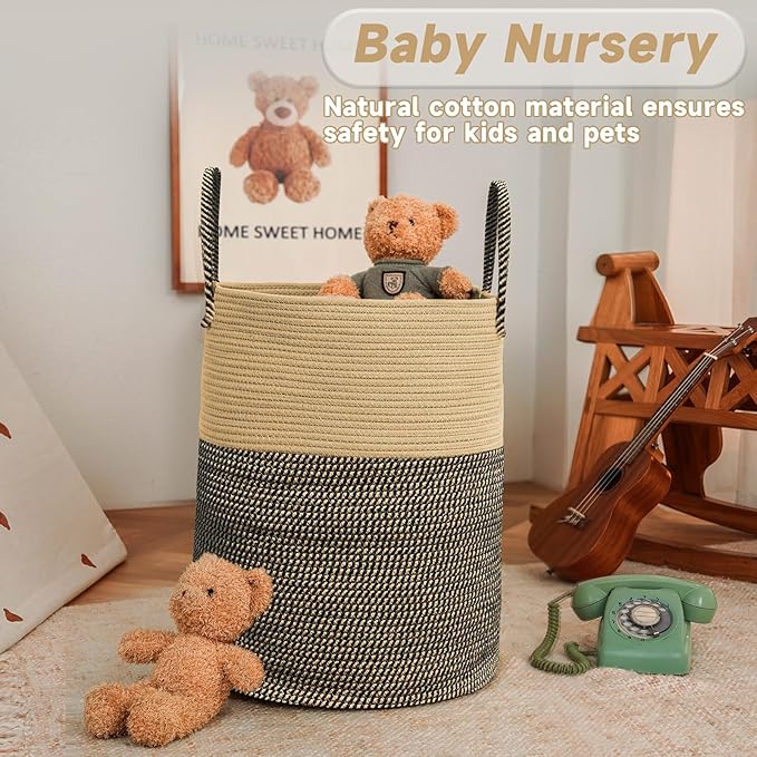 JMvicyroam Large Woven Laundry Basket Hamper,100L Cotton Rope Storage Bin for Blankets,Toys and Clothes,Decorative Tall Nursery Hamper for Living Room,Baby Nursery,Bathroom and Bedroom,Brown and Black