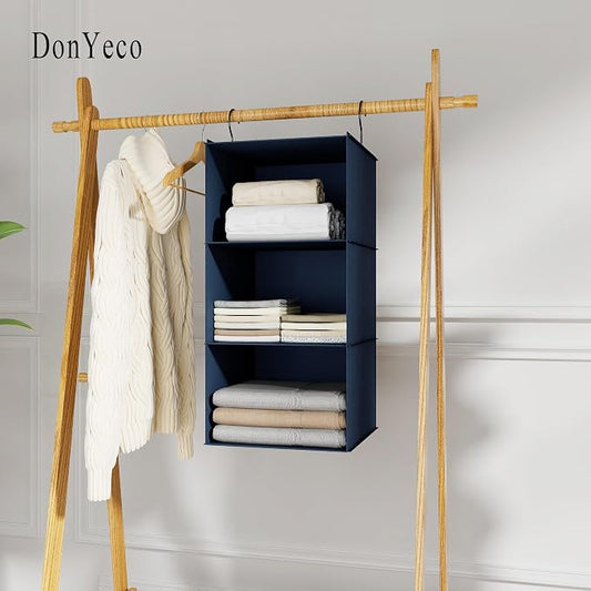 Hanging Closet Organizer 3-Shelf, Oxford Fabric Wardrobe Storage, Navy Blue | Easy-mount foldable design holds clothes, handbags, shoes & accessories; washable Oxford fabric, sturdy and space-saving.