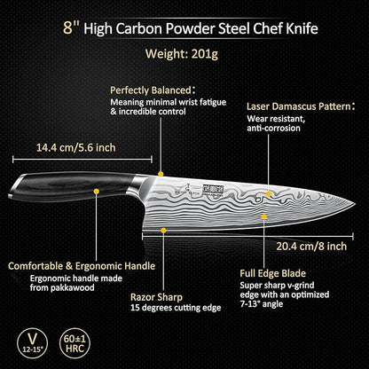 HOSHANHO 8 Pieces Knife Set with Magnetic Block, Ultra Sharp Powder Steel Knife Block Set, Professional Chef Knife Sets with Ergonomic Handle & Knife Sharpener