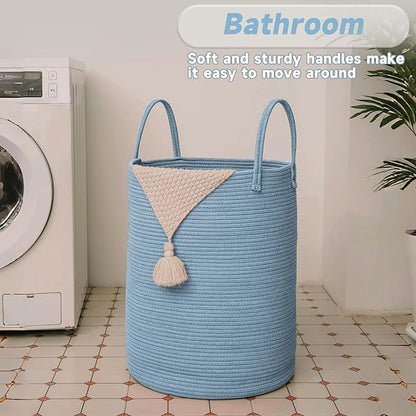 JMvicyroam Large Woven Laundry Basket Hamper,100L Cotton Rope Storage Bin for Blankets,Toys and Clothes,Decorative Tall Nursery Hamper for Living Room,Baby Nursery,Bathroom and Bedroom,Blue