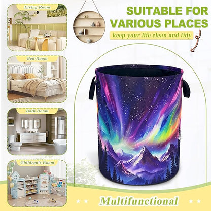 Aurora Mountains Laundry Basket Night Sky Forest Foldable Waterproof Oxford Cloth Funny Tote Bag Laundry Hamper Clothes Storage Bucket Toy Organizer For Bathroom/Laundry Storage/Bedroom 18.9x16.5 Inch