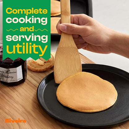 Riveira Bamboo Wooden Spoons for Cooking 9-Piece with Holder, Apartment Essentials Wood Spatula Spoon Nonstick Kitchen Utensil Set Premium Quality Housewarming Gifts for Everyday Use