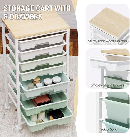 Rolling Cart with 8 Drawers, Storage Drawers Cart with Wooden Tabletop and Lockable Wheels, Craft Storage for Living Room, Office, Classroom, Craft Room, Bedroom