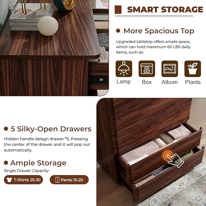 ACCOHOHO 5 Drawer Dresser for Bedroom, 42" Tall Modern Wood Dresser with Hidden Handle Drawers, Large Storage Chest of Drawers for Living Room & Hallway, Curved Profile Design, Dark Walnut