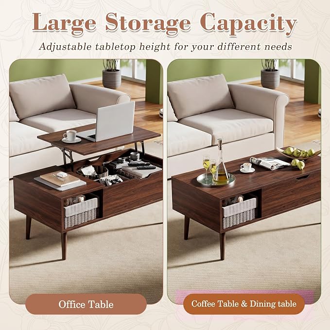 Sweetcrispy Coffee Table Lift Top Coffee Tables for Living Room,Small Rising Wooden Center Tables with Storage Shelf and Hidden Compartment, Dark Brown