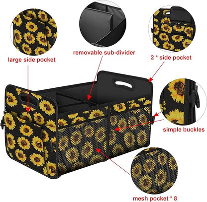Femuar Car Trunk Organizer with 72L Large Capacity Waterproof Collapsible and 11 Pockets, Trunk Organizer for Car SUV/Jeep/Sedan, Large Size, Sunflower