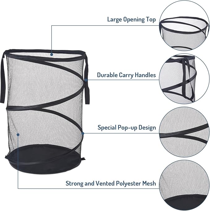 Seiritex 2Pcs Mesh Popup Laundry Hamper 115L Extra Large Collapsible Laundry Basket Foldable Clothing Storage Basket with Handles No Lid 26 H x 18 W x 18 L (Black)