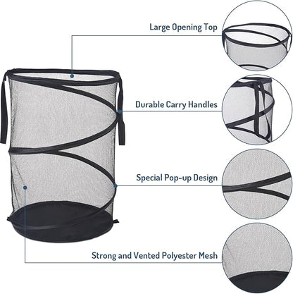 Seiritex 2Pcs Mesh Popup Laundry Hamper 115L Extra Large Collapsible Laundry Basket Foldable Clothing Storage Basket with Handles No Lid 26 H x 18 W x 18 L (Black)