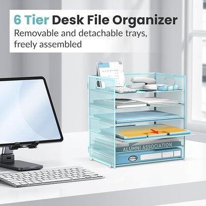 Daltack 6 Tier Paper Organizer for Desk, Paper Letter Tray Organizer for Desks, Mesh Desk File Organizers with Handle for Office, Home, School, Blue