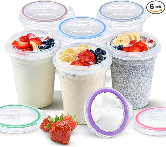 BubbleWally JoyPlus Overnight Oats Containers with Lids Plastic (Mix) - Meal Prep Containers Reusable for Food Storage – 16oz Jars for Breakfast, Snacks, and Lunch